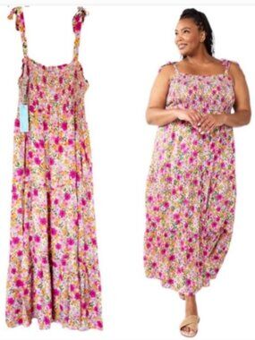 Draper James Tie Shoulder Smocked  Bodice Colorful Tiered MAXI  Sundress 2XL